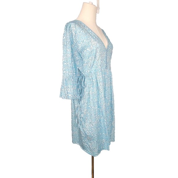Susan Albright Dress L The Fripp Blue Aqua Blue White Cotton Tie Side Happy Plac - Picture 7 of 16